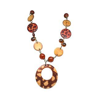 Vintage Leopard Print Beaded Necklace Resin Pendant Multicolor Statement 90s Y2K